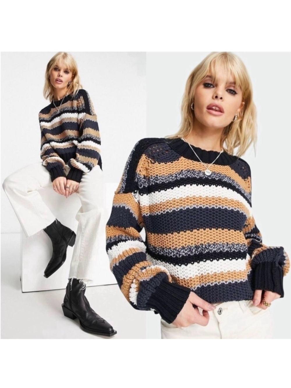 Free People Devon Chunky Crop Boxy Striped Sweater in Sunflower Seed Medium /L